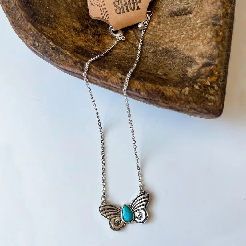 

Stamped Butterfly Pendant Necklace with Turquoise Stone •Gift Boho Style Accessories | Jewelry Insect Necklace Wedding Butterfly
