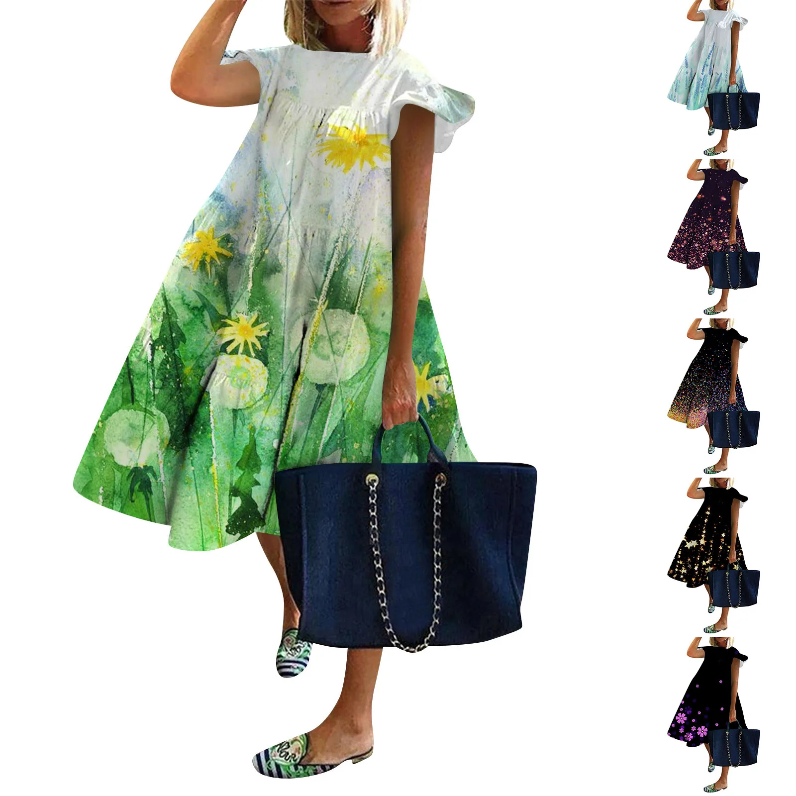 

Женское модное платье с рукавом «летучая мышь», повседневное свободное платье с круглым вырезом, элегантные модные платья для женщин 2023, пл...