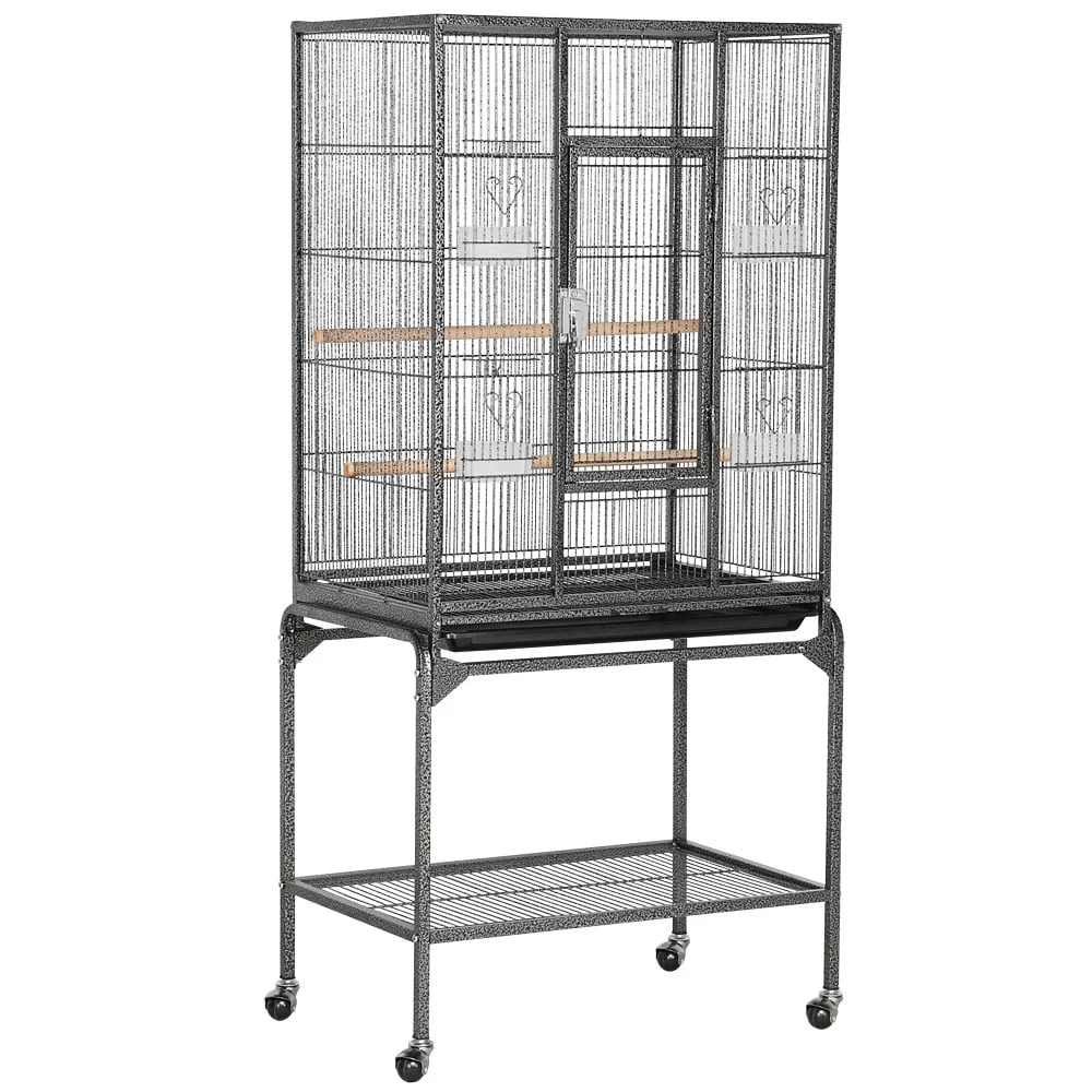 

Metal Rolling Bird Cage with Stand, 4 Feeding Bowls, and 2 Perches, Black,25.79 X 16.73 X 53.74 Inches
