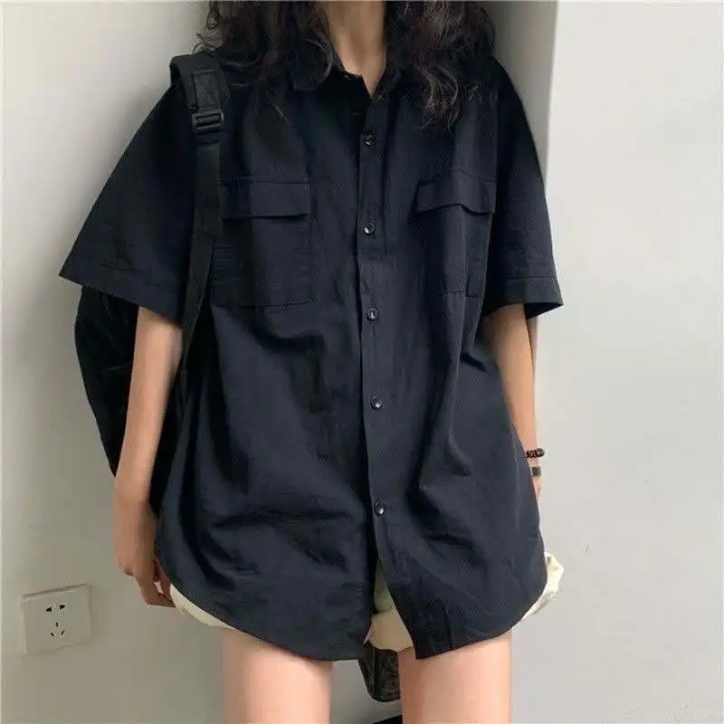 

EBAIHUI 2022 Short Sleeve Shirt Women Black Turn Down Collar Basic Casual Teen Gril Student Oversize Shirt Women Loose Blouse