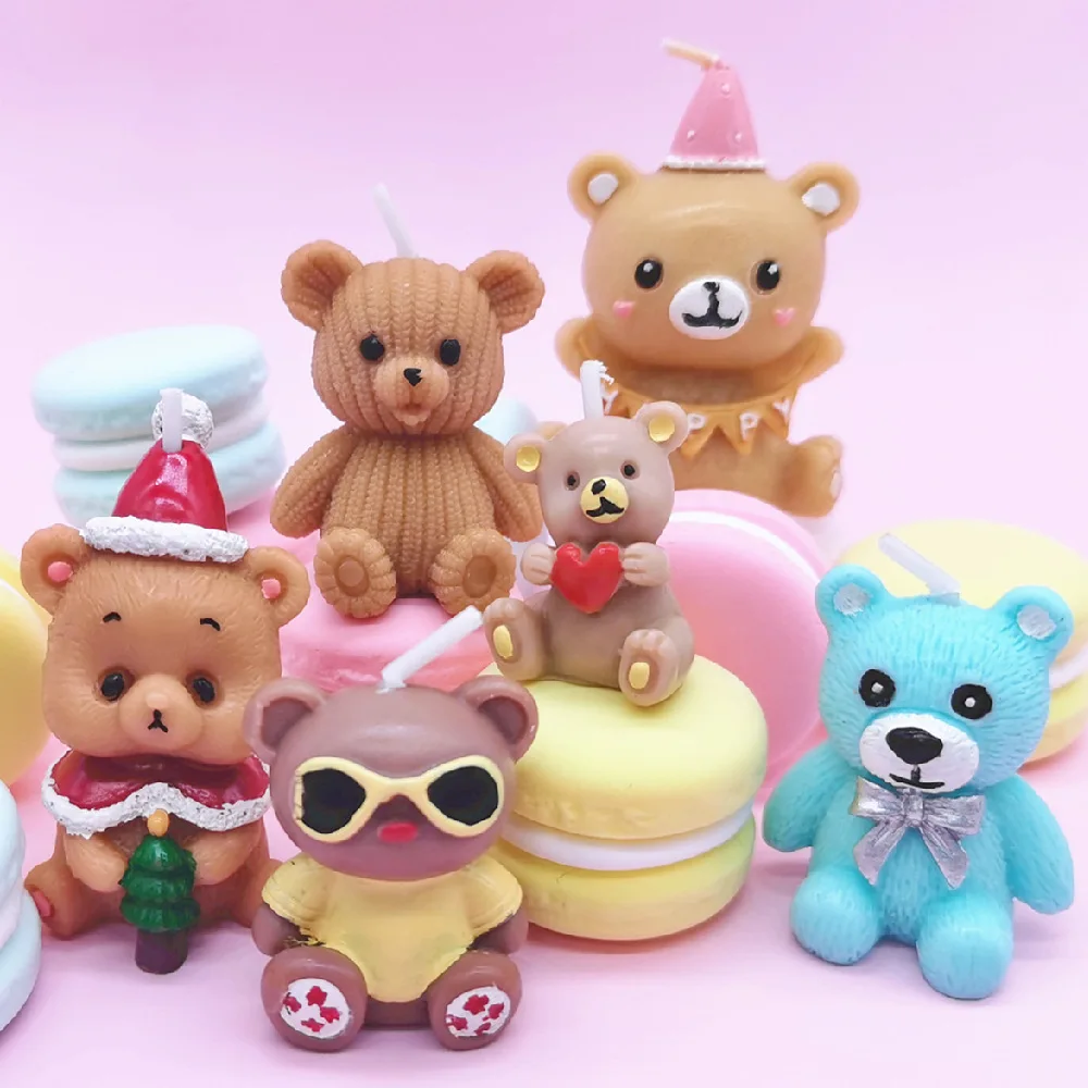 

Korean Bear Candle Children's Day Happy Girl Birthday Cake Topper Decor Insert Pink Brown Home Gift Party Wedding Baking Supplie
