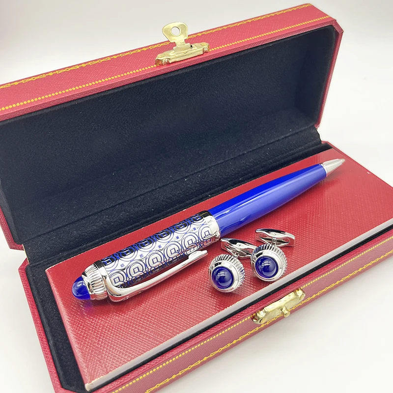 

LAN CT Luxury Classic Blue Circle Pattern Covered Lacquer Barrel Ballpoint Pen Silver Trim Writing Smooth Stationery