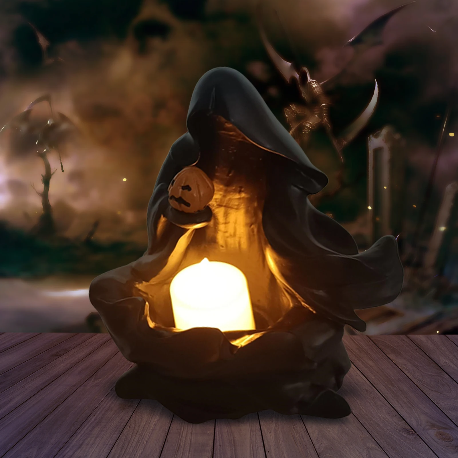 

Halloween Grim Reaper Flameless Candle Night Light Witch Figurine Resin Sculpture Pumpkin Decoration Spooky Party Supplies