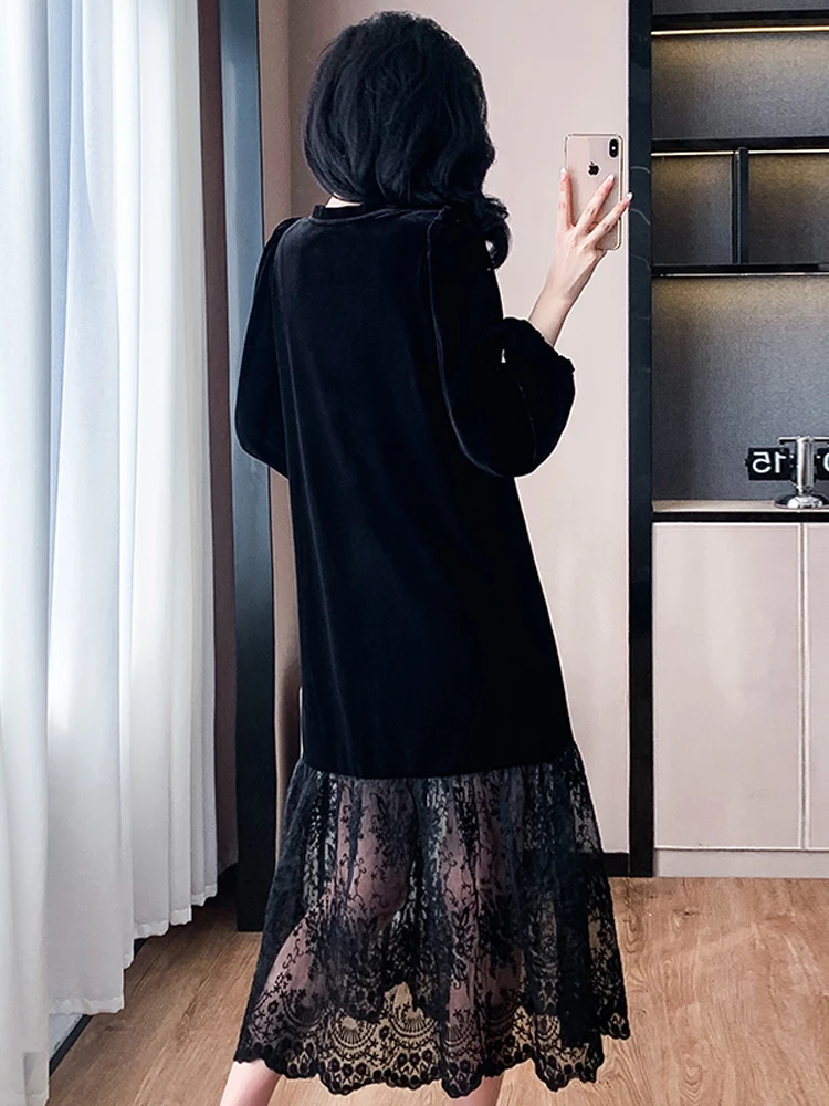 Женское длинное платье NYFS свободное в Корейском стиле с кружевным подолом осень