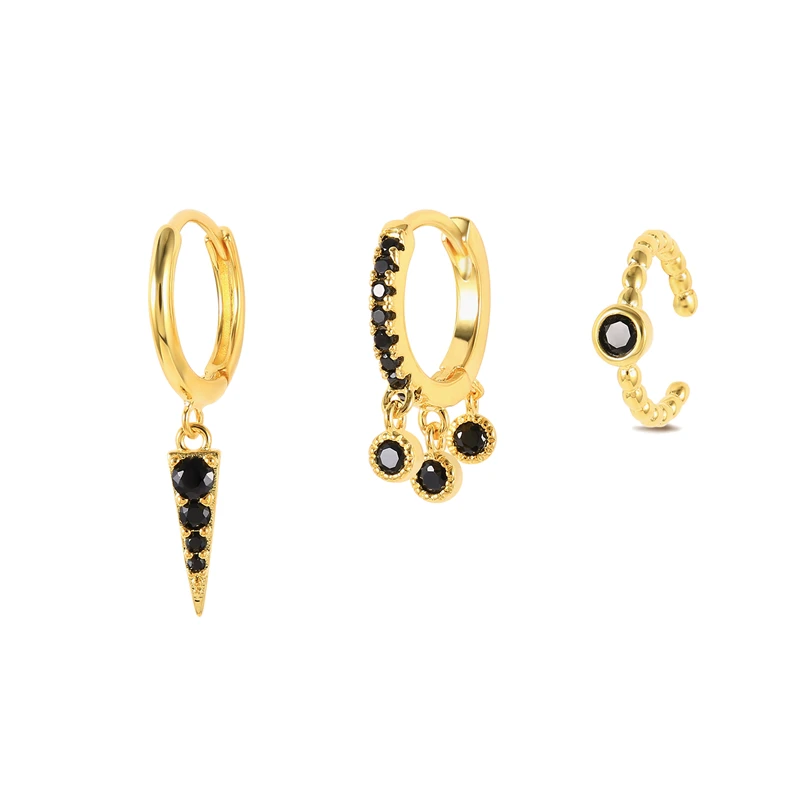 

CANNER 3 PCS/Set Black Zircon Earing Gold Color Ear Hoop Earrings For Women Ear Cuffs For Unpierced Ears Plata de ley orecchini