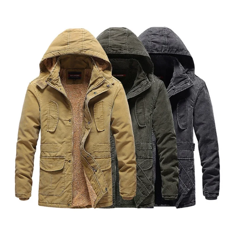 Mid-length pure cotton fleece windbreaker jacket men's detachable hooded winter warm jackets outdoor sports casual parkas