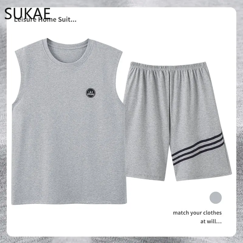 SUKAE Mens Sleepwear L-4XL Big Size Sleeveless Homsuit Pajamas Set Summer Shorts Vest Man's Loung Sets Elegant Nightwear for Boy