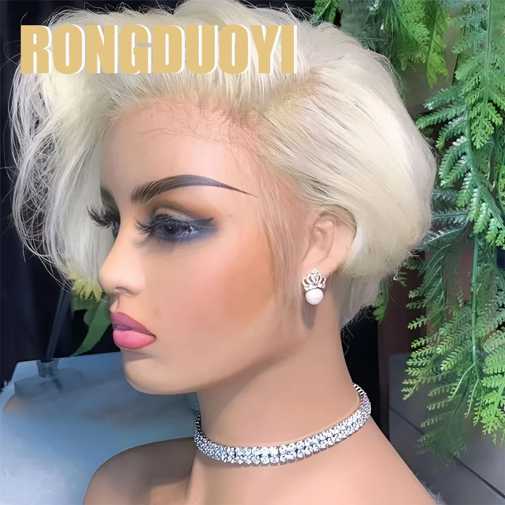 Фото Синтетический парик RONGDUOYI 613 блонд, стрижка пикси, для женщин, с натуральной линией роста волос, короткий боб, черный парик с кружевной передней частью, для косплея №4