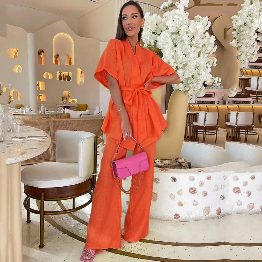 QWEEK Cotton Trouser Suits Short Sleeve Women's Pajamas Two Piece Belt Design Basic&Casual Loungewear Summer Home Clothes