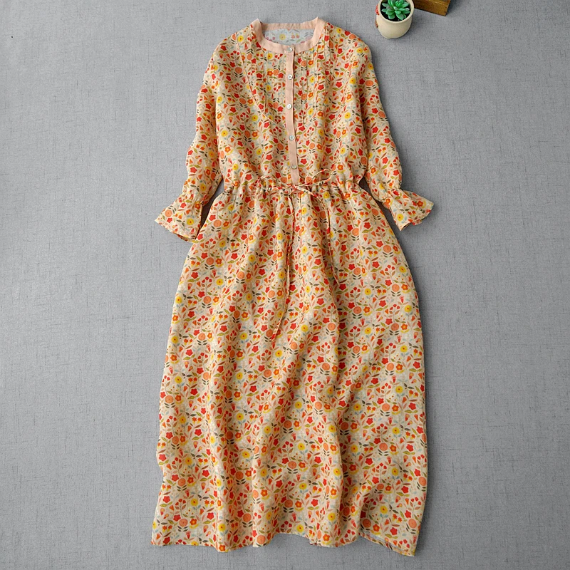 

Spring Summer Women All-match Loose Plus Size Chinese Style Floral Print Patchwork Comfortable Water Washed Ramie Shirt Dresses