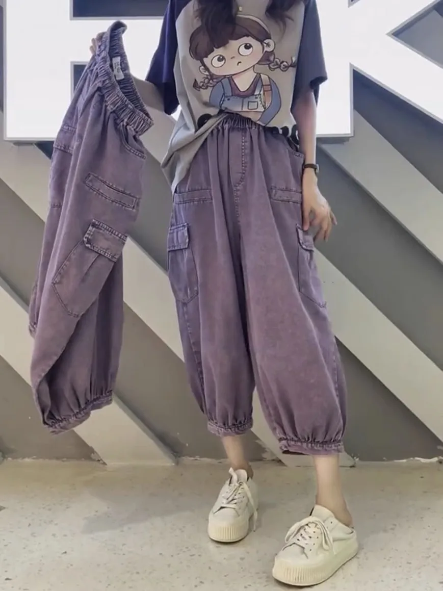 Y2k Pear-shaped Body Wear With Plus-size Loose Wide-leg Lantern Nine-minute Denim Pants Loose Wide-leg Overalls Thin Summer Styl