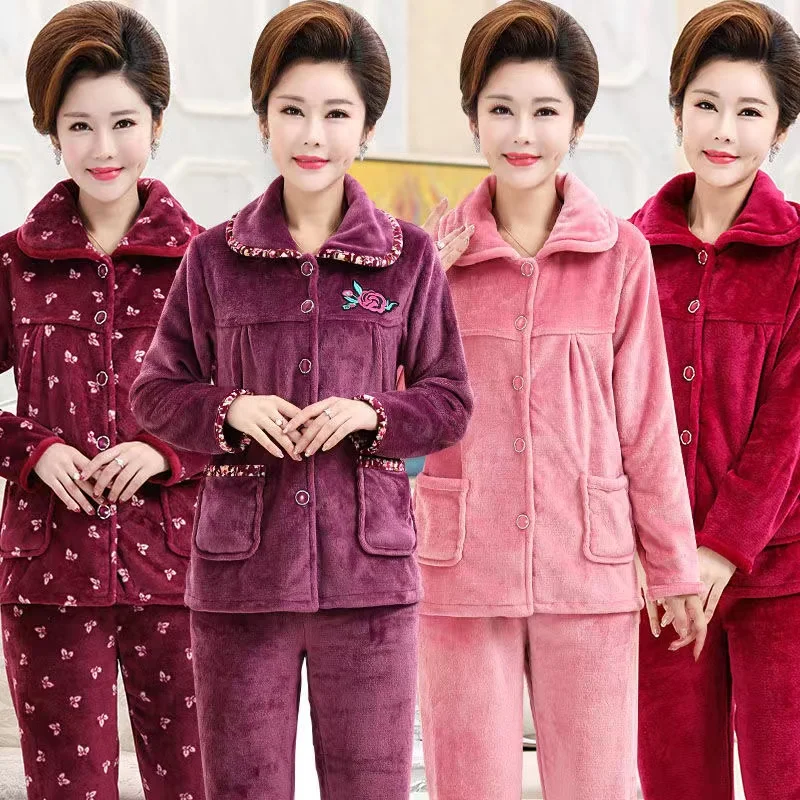 

Coral Fleece Pajama Sets For Women Winter Soft Thicken Warm Flannel 2Pcs/Set Tops + Pants Ladies Lounge Homewear Pyjamas Suit