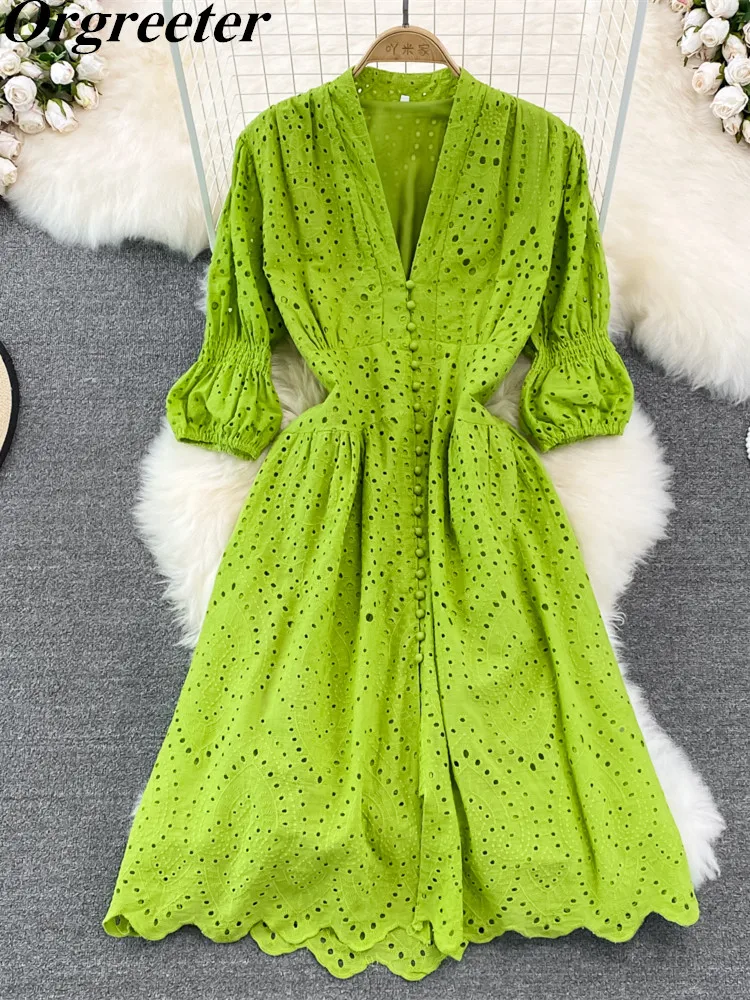 

Женское ажурное Хлопковое платье, винтажное однобортное платье с вышивкой и V-образным вырезом для отпуска на море, лето 2022