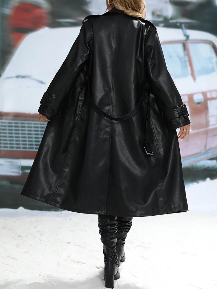 Ailegogo весенне-осеннее женское черное длинное пальто из искусственной кожи