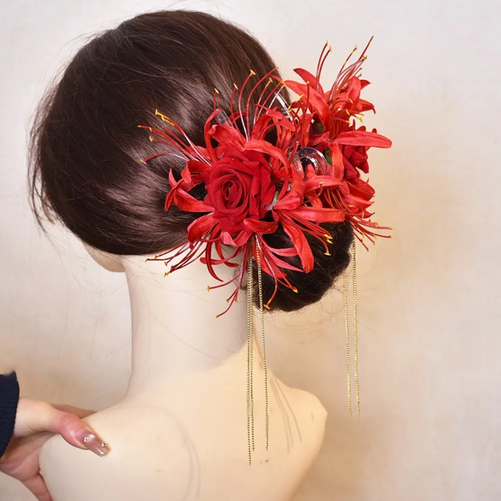 Фото Элегантная заколка для волос с цветком ликориса радиата, длинными кисточками, аксессуар для платья, зажим-краб, украшение для головы, подарок №3
