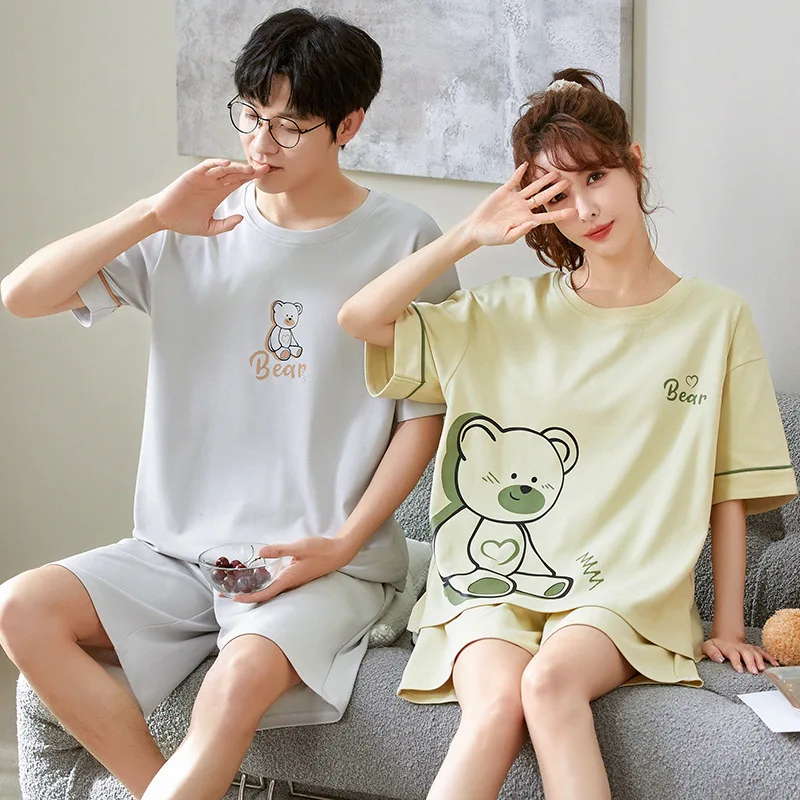 Summer Couple Pajamas Set New Green Little Dinosaur Loose Cotton Nightwear Mujer Casual Home Suit Sweet Sleepwear For Women Men