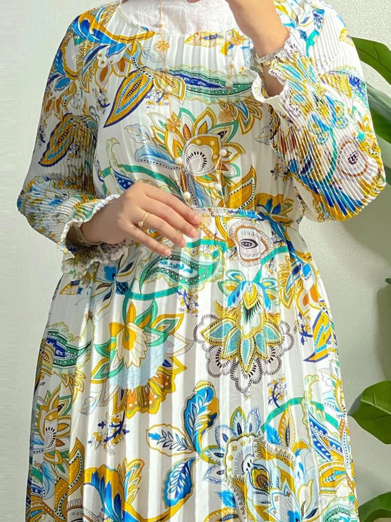Floral Printed Abaya Pleated Long Dress Women Ethnic Moroccan Kaftan Muslim African Dresses Islam Dubai Turkish Modest Abayas