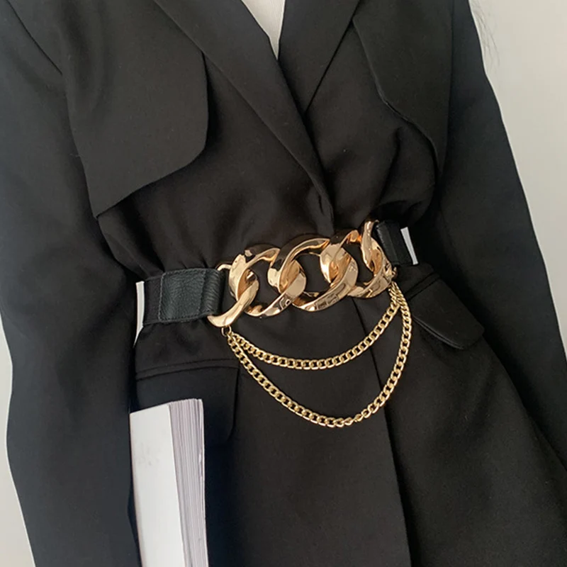 

Luxury Brand Gold Chain Belt Elastic Silver Metal Waist Belts for Women High Quality Stretch Ladies Coat Ketting Riem Waistband