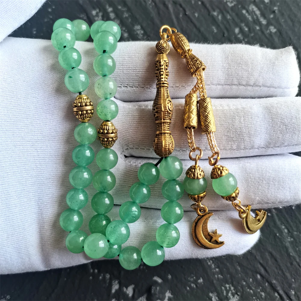 

Handmade natural aventurine stone beaded silver tassel muslim rosary 33 tasbih