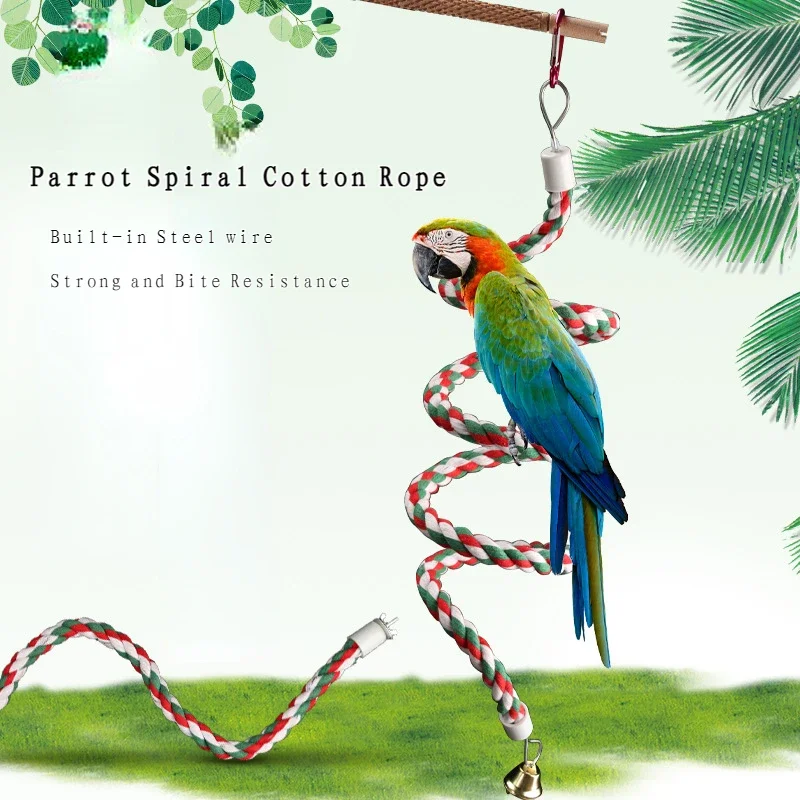 

Parrot Spiral Cotton Rope 150cm Bungee Climbing Cotton Spiral Rope with Bell Bird Parrot Swing Standing Chewing Bar Pet Toys