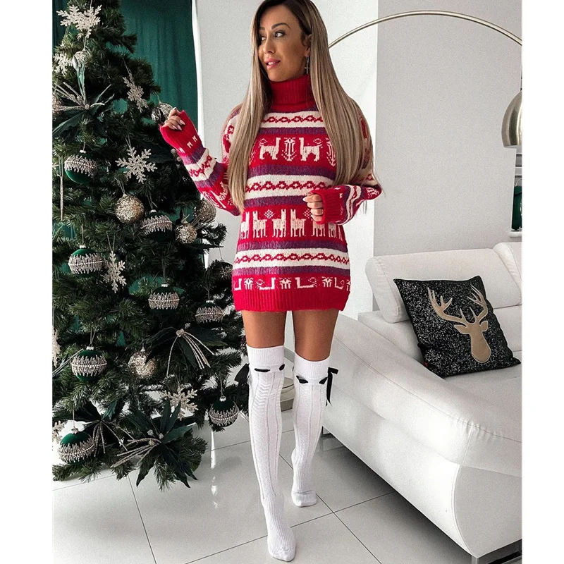 

Новинка 2022 рождественское жаккардовое платье-свитер с высоким воротником Рождественская тема с длинным рукавом