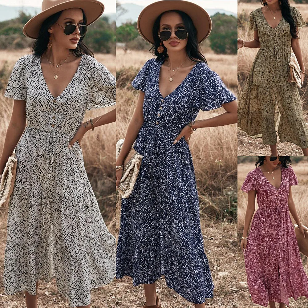 

2022 Dot Print Ruffles Summer Dress Women Casual V Neck Draw String Button Dress For Woman Vintage White Dresses vestidos