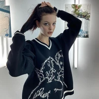abstract character college style loose v neck knitted sweater womens casual fall pullover ladies print fashion pullover sweater
