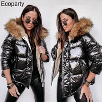 glossy down cotton jacket for women winter overcoat parkas 2022 fur collar hooded overcoat fashion loose warm thick coat outwear