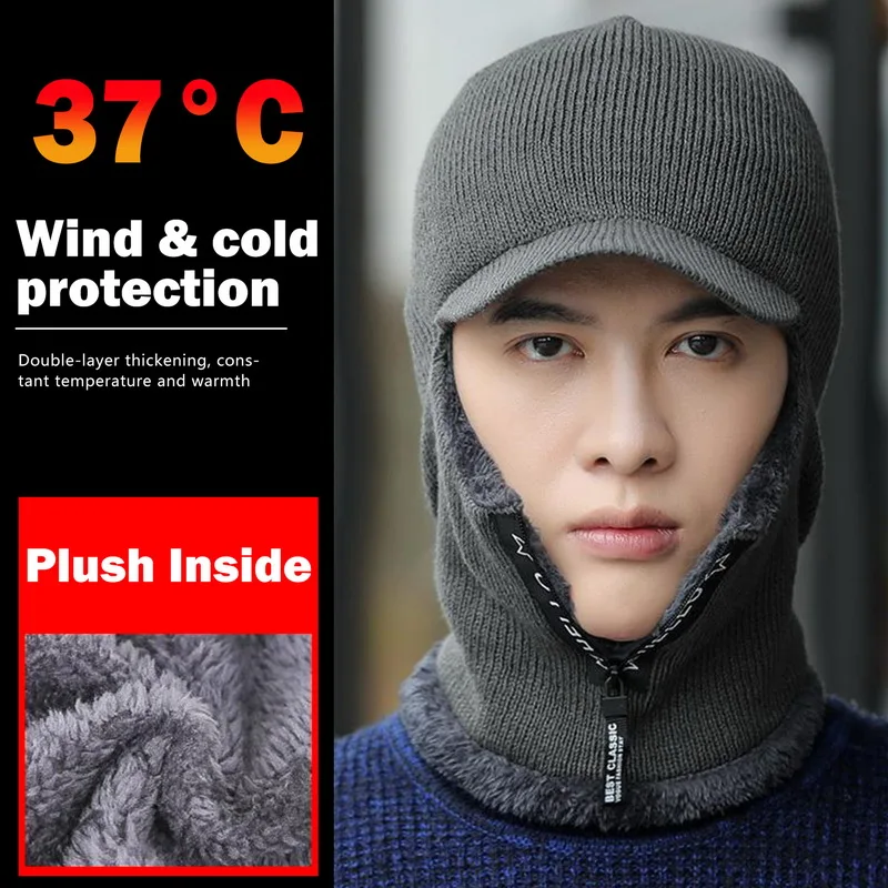 

Winter Warm Wool Hat Balaclava Outdoor Ear Protection Hat Warm Thick Fleece Knitted Cap Scarf Windproof Visors Cap tide gorras