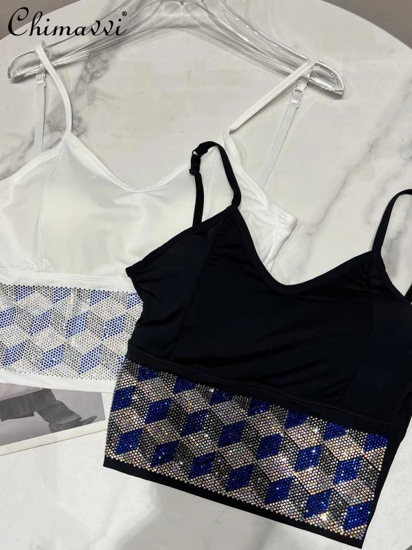 

2022 Summer New Fashion Hem Contrast Color Gradient Rhinestone Chest Pad Sling Slim Temperament Sexy Tube Top Women All-Match