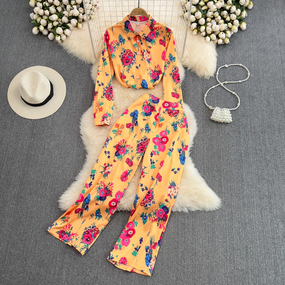 

Модный костюм, Женская Весенняя свободная однобортная рубашка с принтом, двухкомпонентные широкие брюки с высокой талией и драпировкой