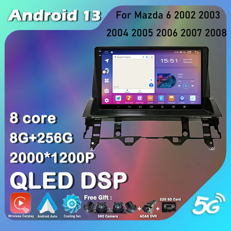 

Для Mazda 6 2002 2003 2004 2005 2006 2007 Android 13 автомобильный Raido мультимедийный видеоплеер GPS-навигатор QLED экран Авторадио