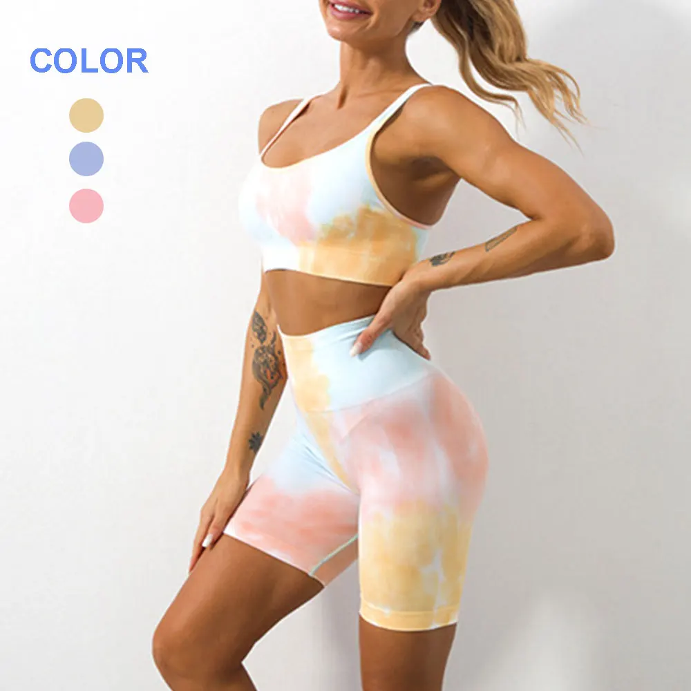 

Seamless Gym Two Piece Set Women Tracksuit Tie Dye Sports Bra Crop Top Workout Shorts Yoga Sets Fitness Leggings Athletic Wear