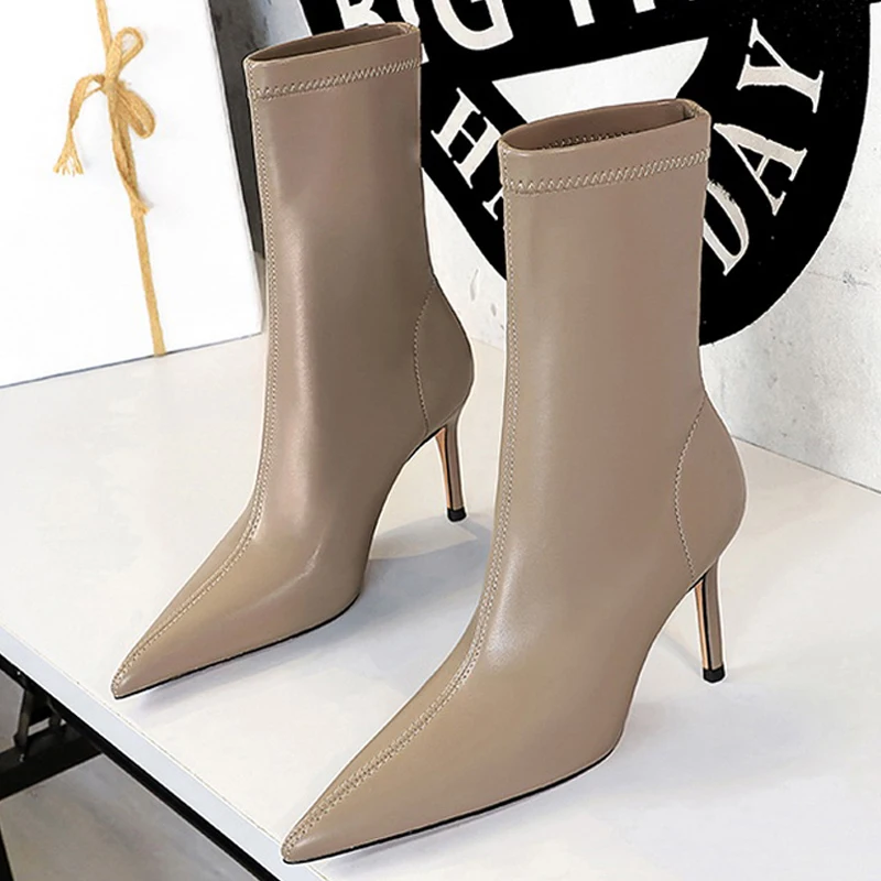 

BIGTREE Shoes Pu Leather Boots Women Ankle Boots Sexy High-heel Boots Autumn Winter Shoes Short Boots Plus Size 43 Women Heels
