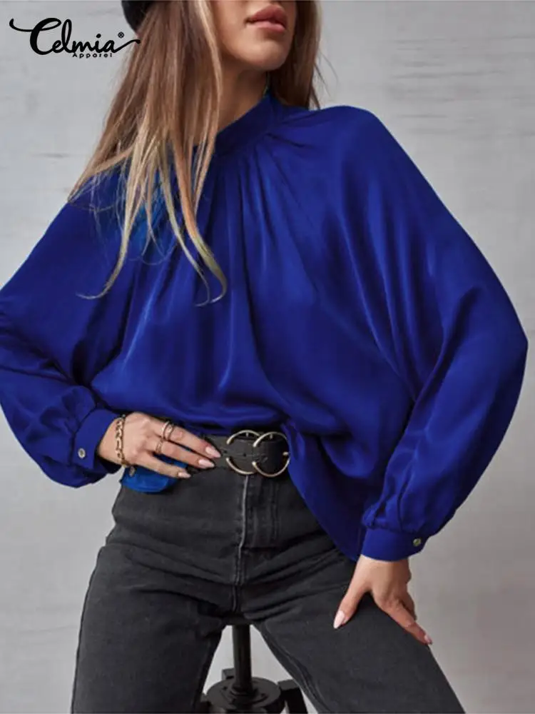 

Блузка Celmia Женская с воротником-стойкой, модные атласные универсальные плиссированные рубашки с длинным рукавом-фонариком, однотонный топ ...
