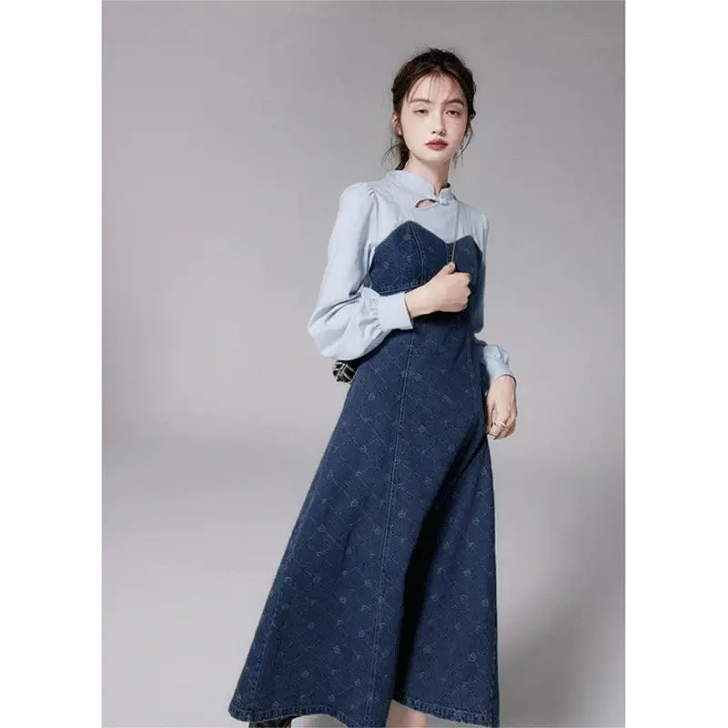 

Elegant Women Dress Patchwork One-Piece Long Sleeve Vintage Casual Office Ladies New Korean Fashion Chic Female Midi Dress 2022