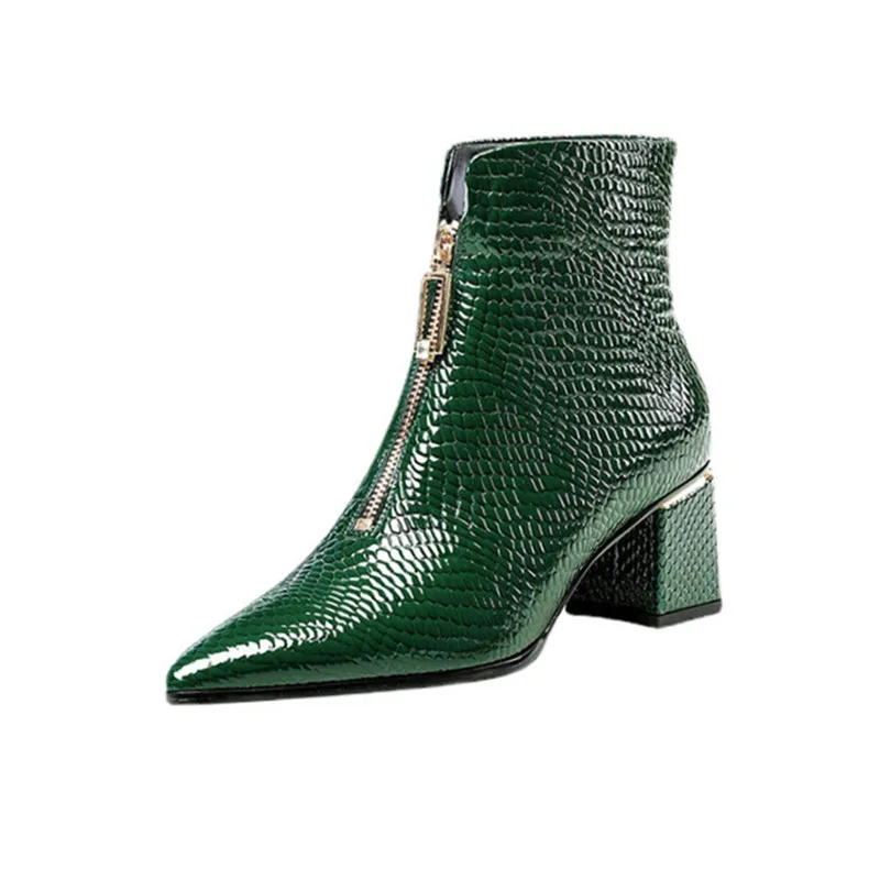

Winter Boots Women Genuine Leather Ankle Ladies Point Toe Short Boots Slip On Zipper Shoes 2021 Black Woman Thick Heel Boots