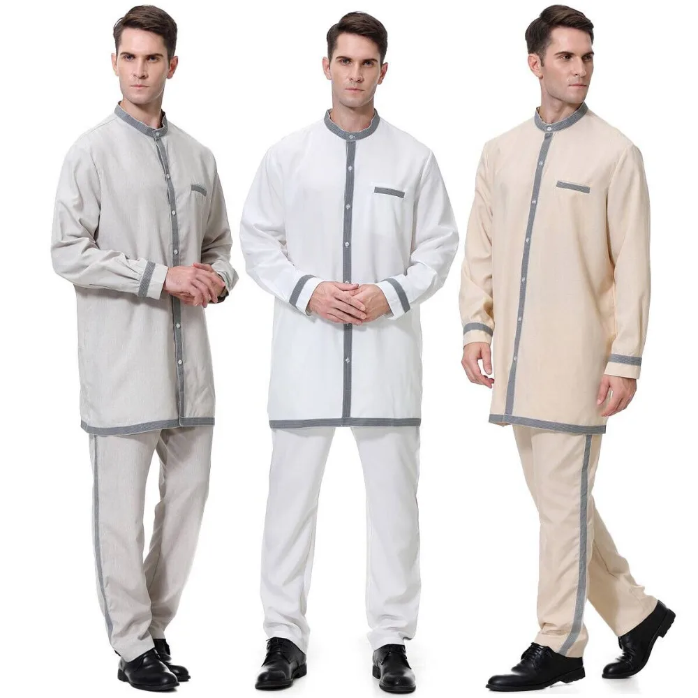 

Ramadan Muslim Men Jubba Thobe 2 Piece Set Saudi Arabia Djellaba Pakistan Kaftan Dubai Abaya Tops pant Islamic Worship Service