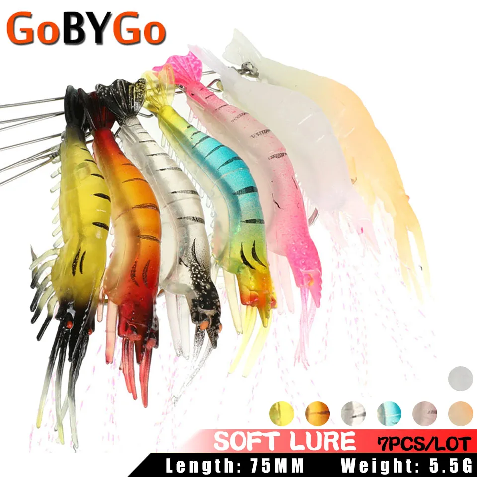 

7PCS/Lot Soft Fishing Lure 5.5g/75mm Artificial Luminous Silicone Emulation Shrimp Bait With Bead Swivels Hook For Sea Pike