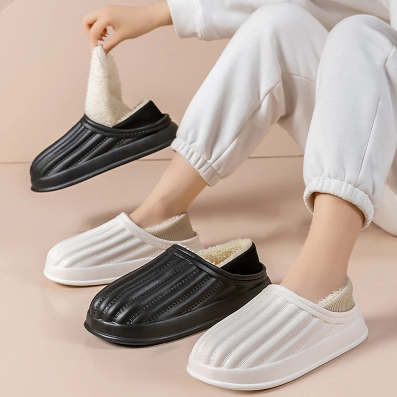 

Winter Warm Home Fur Slipper Women Cotton Slides Fashion Indoor Men Couple House Footwear Corduroy Striped Thick Soft Sole Shoes