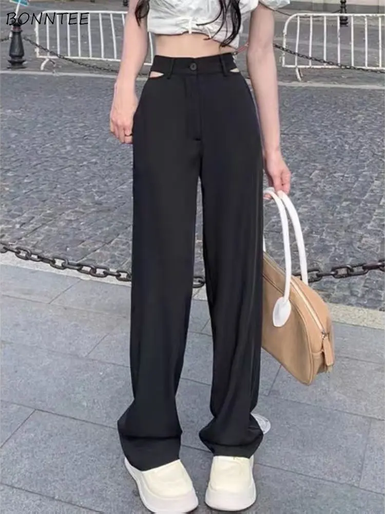 

Женские прямые свободные брюки с вырезами, Весенняя Повседневная Уличная одежда в стиле ампир, офисные женские брюки в стиле ольччан, шикарные простые универсальные деловые брюки на каждый день, Новинка