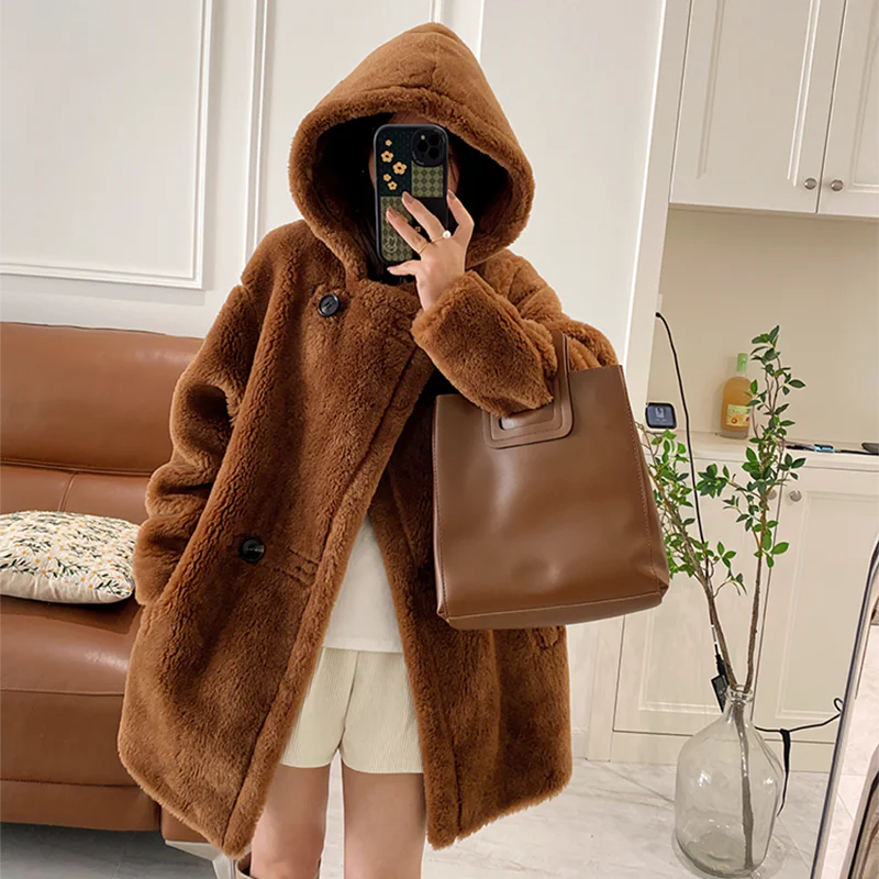 CARECODE Maternity Winter Hooded Natural Fur Coat Casual Long Sleeve Granular Wool Oversize Thicken Teddy Women's Coat