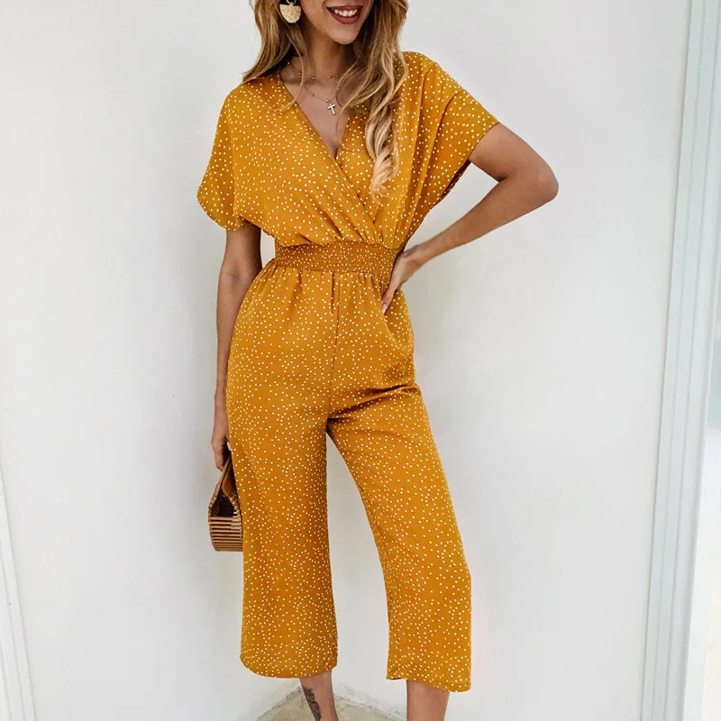 

Summer Casual Print V-neck Pocket Overalls 2021 New Women Jumpsuits Rompers Fashion Short Sleeve Wide Leg Loose Jumpsuit Wear
