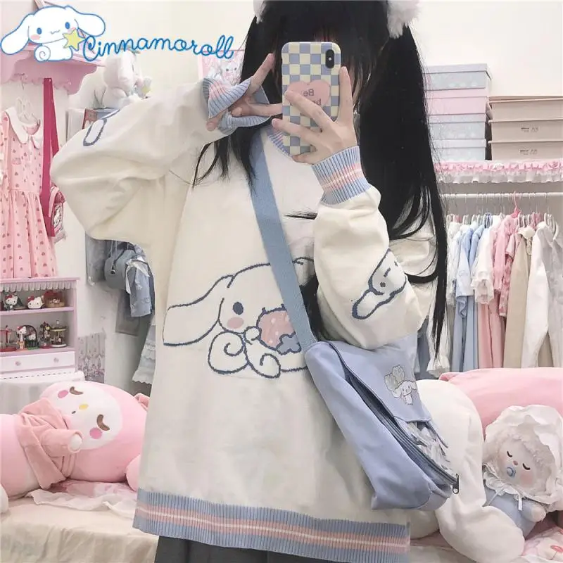 

Sanrio Cinnamoroll Jacquard Sweater Female Spring and Autumn Academic Style Versatile Kawaii Fashion Pullover Knit Loose Fit