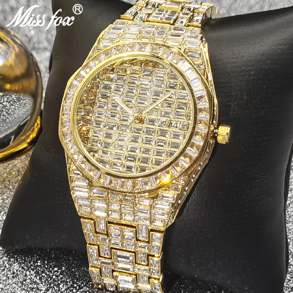 

Hot Sell Men Watches MISSFOX Luxury Hip Hop Full Baguette Diamond Wristwatch Gold Bling Waterproof AAA Clocks Relogio Masculino