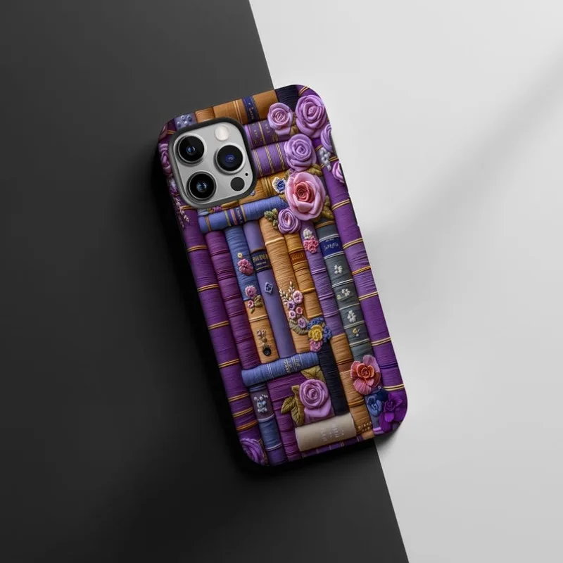 Фиолетовый винтажный чехол с книжной полкой и цветочным принтом для iPhone 16 15 14 13 12