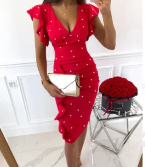 

Женское облегающее Плиссированное Платье с V-образным вырезом, Элегантное повседневное офисное платье с оборками на бедрах для вечеринки, Н...