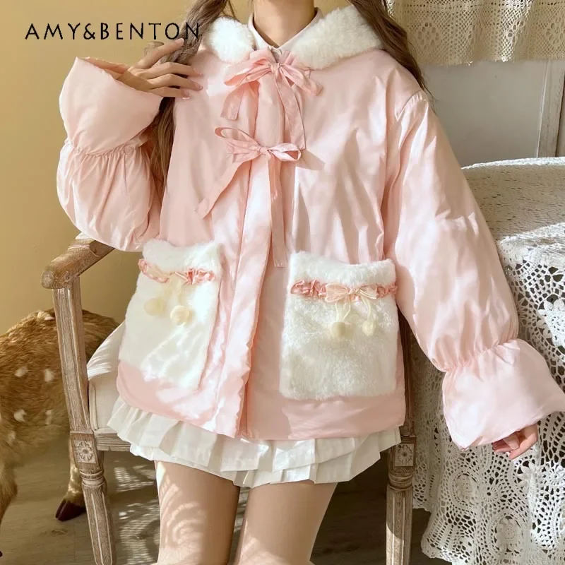 

Japanese Sweet Cute Kawaii Plush Hooded Cotton Jacket Autumn Winter Lolita Flare Sleeve Loose Thickened Cotton-Padded Jacket