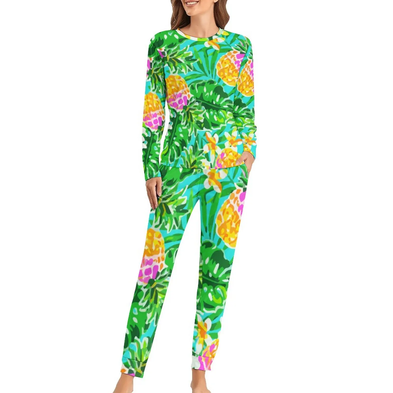 

Пижама «Сад ананасов» с принтом пальмовых листьев, 2 предмета, повседневный пижамный комплект, Женская милая одежда для сна оверсайз с длинн...