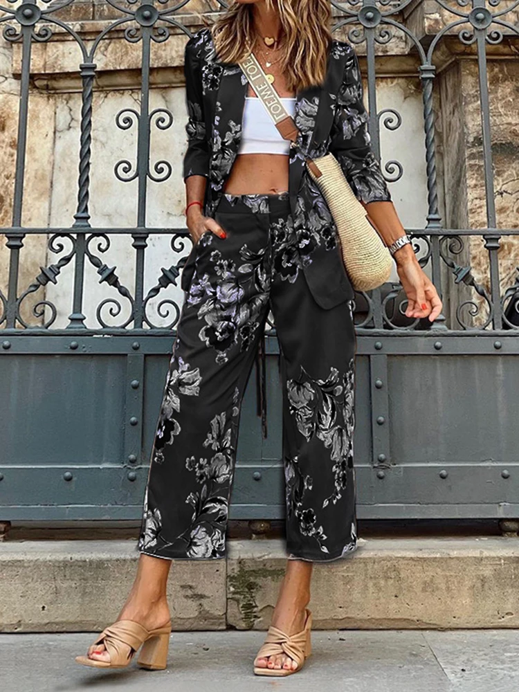 

Women Suit Pant Set Lady Blazer Coat And High Waist Crop Pants Business High Street Two Piece Set Summer Floral Printed Suit